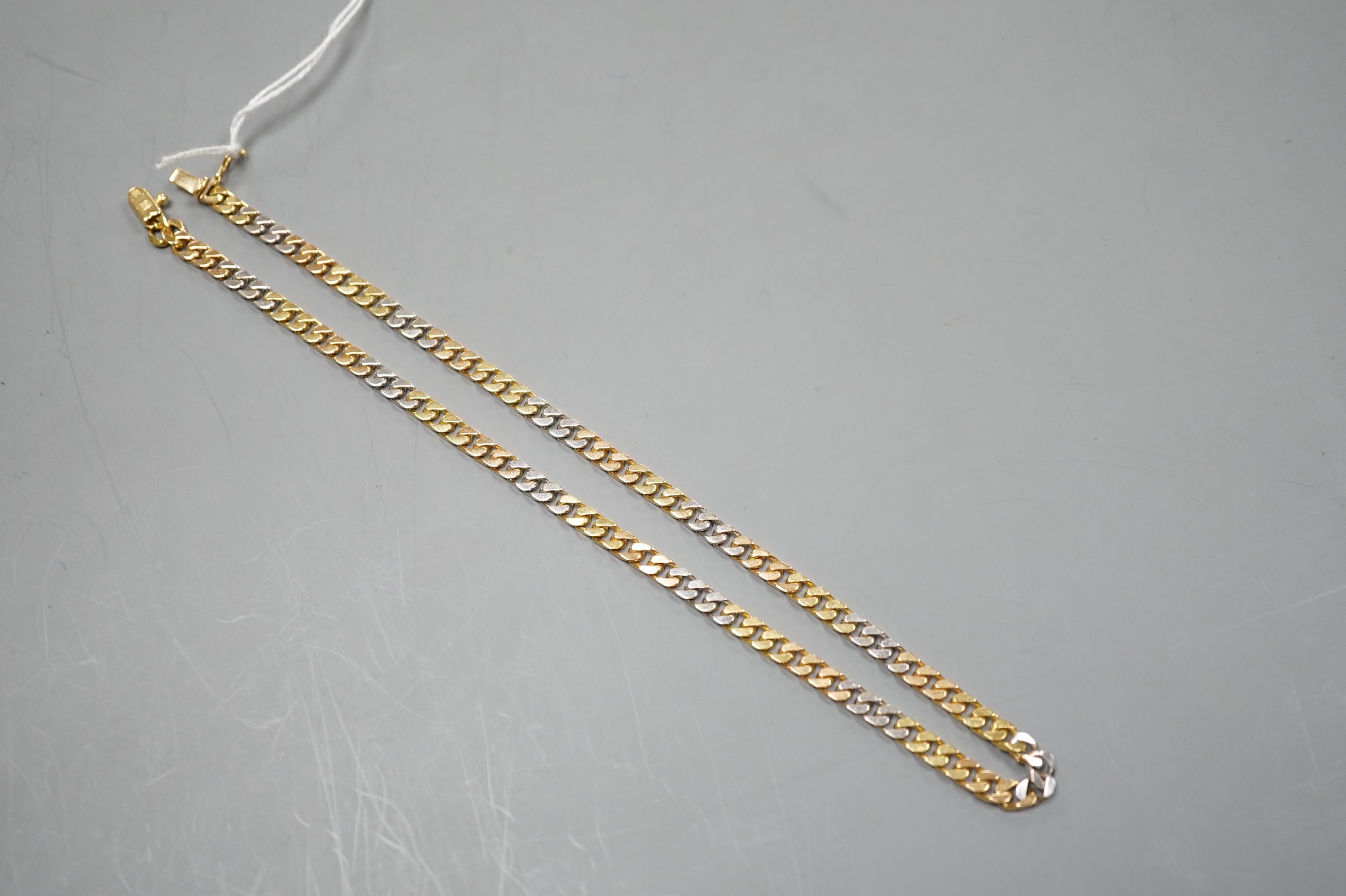 A modern three colour 18ct gold curb link chain, 39cm, 28.8 grams.